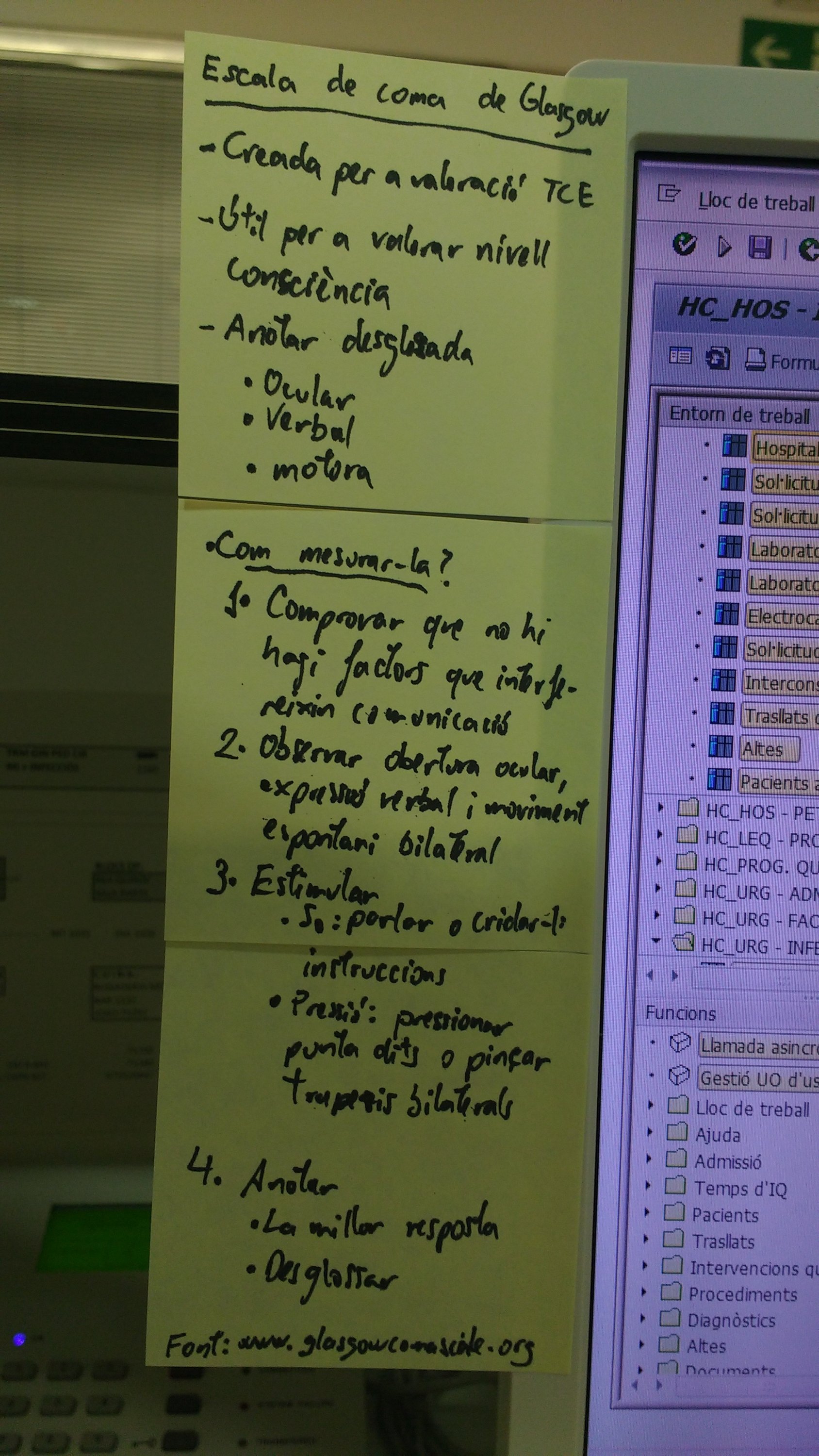 Sèrie de Post-It grocs enganxat en una pantalla d'ordinador. El contingut del Post-It són les instruccions de valoració d'aquesta escala:
(títol) Escala de Glasgow
- Creada per a valoració TCE
- Útil per a valorar nivell consciència
- Anotar desglossada
-. Ocular
-. Verbal
-. Motora
Com mesurar-la?
1-. Comprovar que no hi hagi factors que interfereixin comunicació
2-. Observar obertura ocular, expressió verbal i moviment espontani bilateral
3-. Estimular:
-So: parlar o cridar-li instruccions
-Pressió: pressionar punta dits o pinçar trapezis bilaterals
4-. Anotar
-La millor resposta
-Desglossar

Finalment es mostra l'adreça web www.glasgowcomascale.org