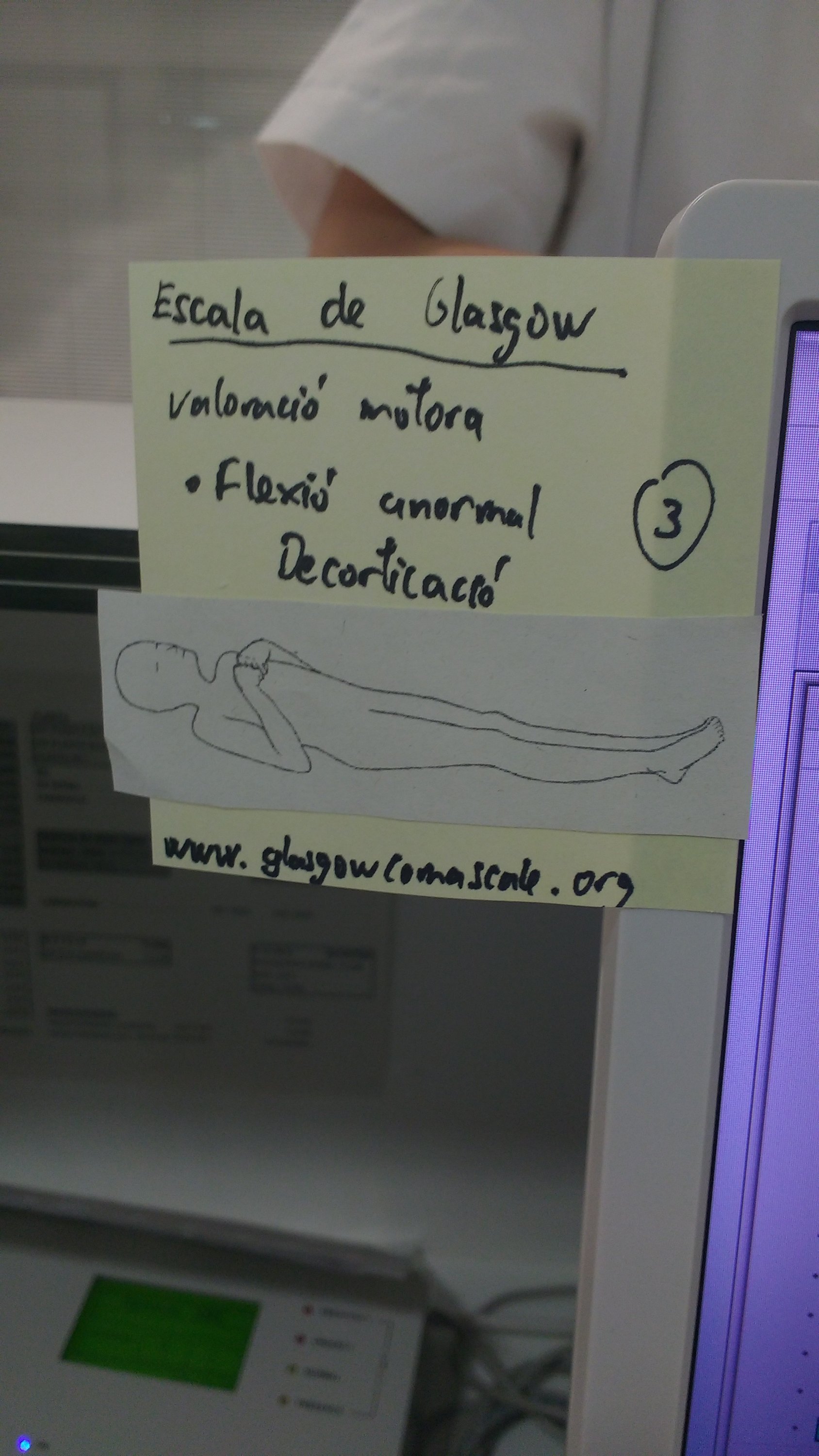 Post-It groc enganxat en una pantalla d'ordinador. El contingut del Post-It és:
(títol) Escala de Glasgow
Valoració motora
Flexió anormal (3 punts)
Decorticació
Hi ha enganxat un diagrama d'una persona estirada en extensió de cames, els braços flexionats pel colze sobre el tòrax amb els canells també en flexió

Finalment es mostra l'adreça web www.glasgowcomascale.org