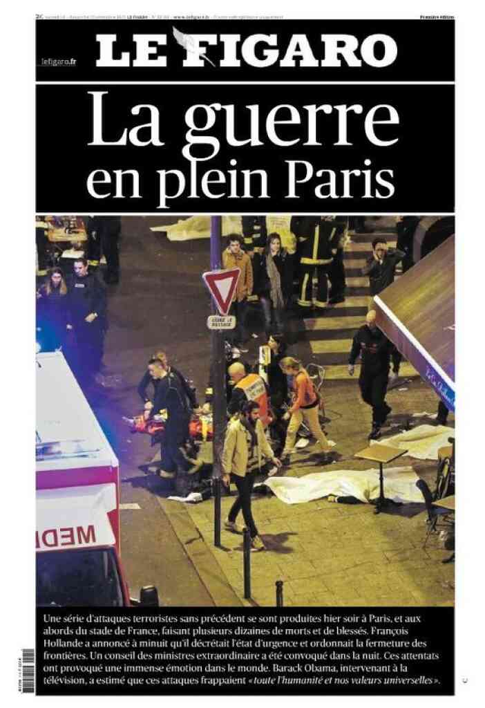 Portada del diari Le Figaro del 14 de novembre de 2015 mostrant víctimes dels atemptats de París i bombers atenent-los en una terrassa d'un bar