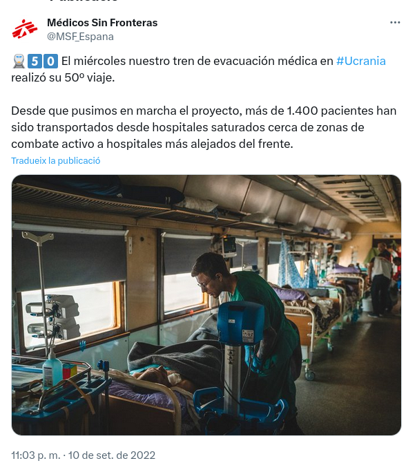 Tuit de metges sense fronteres que explica el 50è viatge del seu tren d'evacuació mèdica a Ucraïna, que a data del tuit, 10 de setembre de 2022, deia haver transportat 1400 pacients. A la foto d'acompanyament es veu una filera de llits dins un vagó atesos per personal sanitari