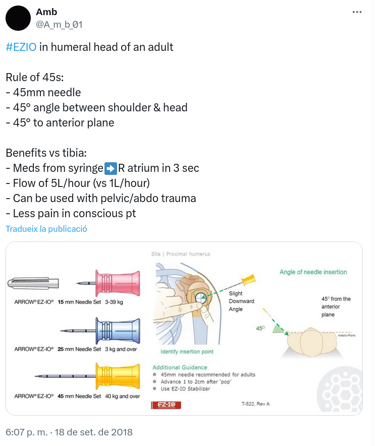 Piulet de la regla dels 45 per a la inserció de la via IO humeral